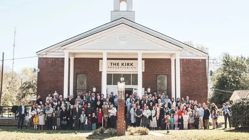 Congregation gathered outside the church